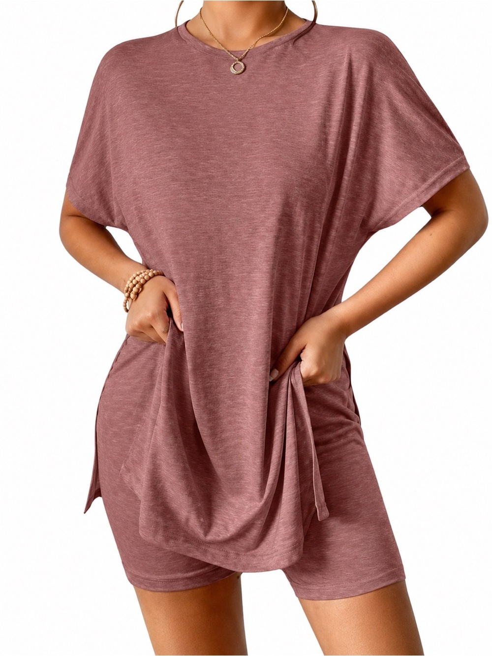 SHEIN Matching Lounge Set Pink Tee & Biker Shorts Co Ord Set Size Small